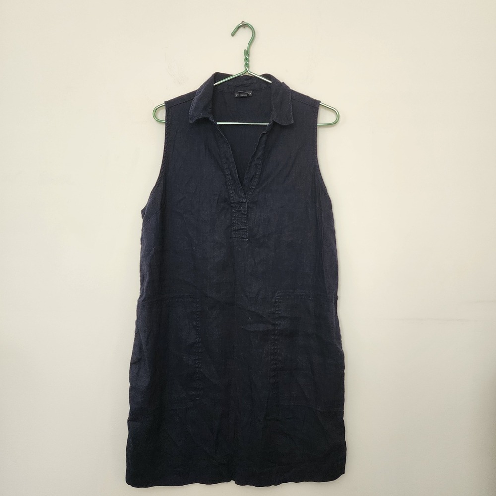 Tahari Navy Blue Linen Blend Sleeveless Shift Dress with Pockets Womens Size 12